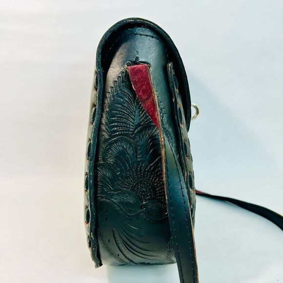 Black Leather Hand-Tooled Embossed Mexican Floral Artisanal Crossbody - Picture 10 of 10